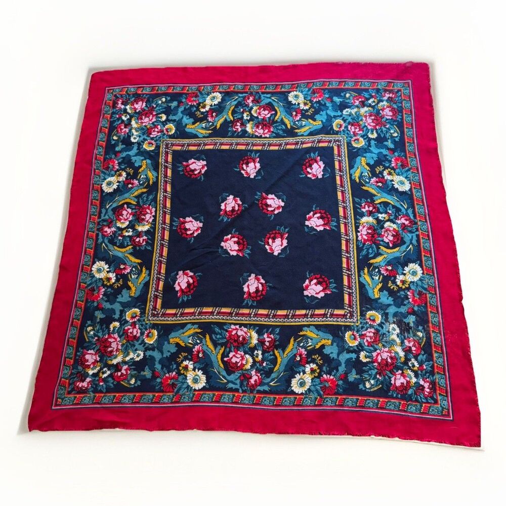 VTG MCM Square Scarf Neckerchief Navy Red Floral Acrylic Made in Japan 29” x 30”